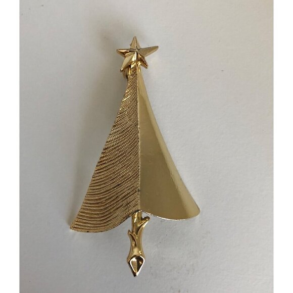 Vintage Christmas Tree Brooch Pin Mid Cent Modernist 1950s, 1960s Gold Tone MCM - Picture 1 of 4